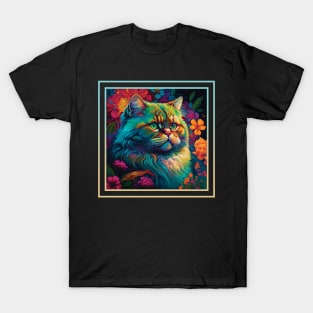 Distinguished Persian Cat Vibrant Tropical Flower Digital Oil Painting Portrait T-Shirt